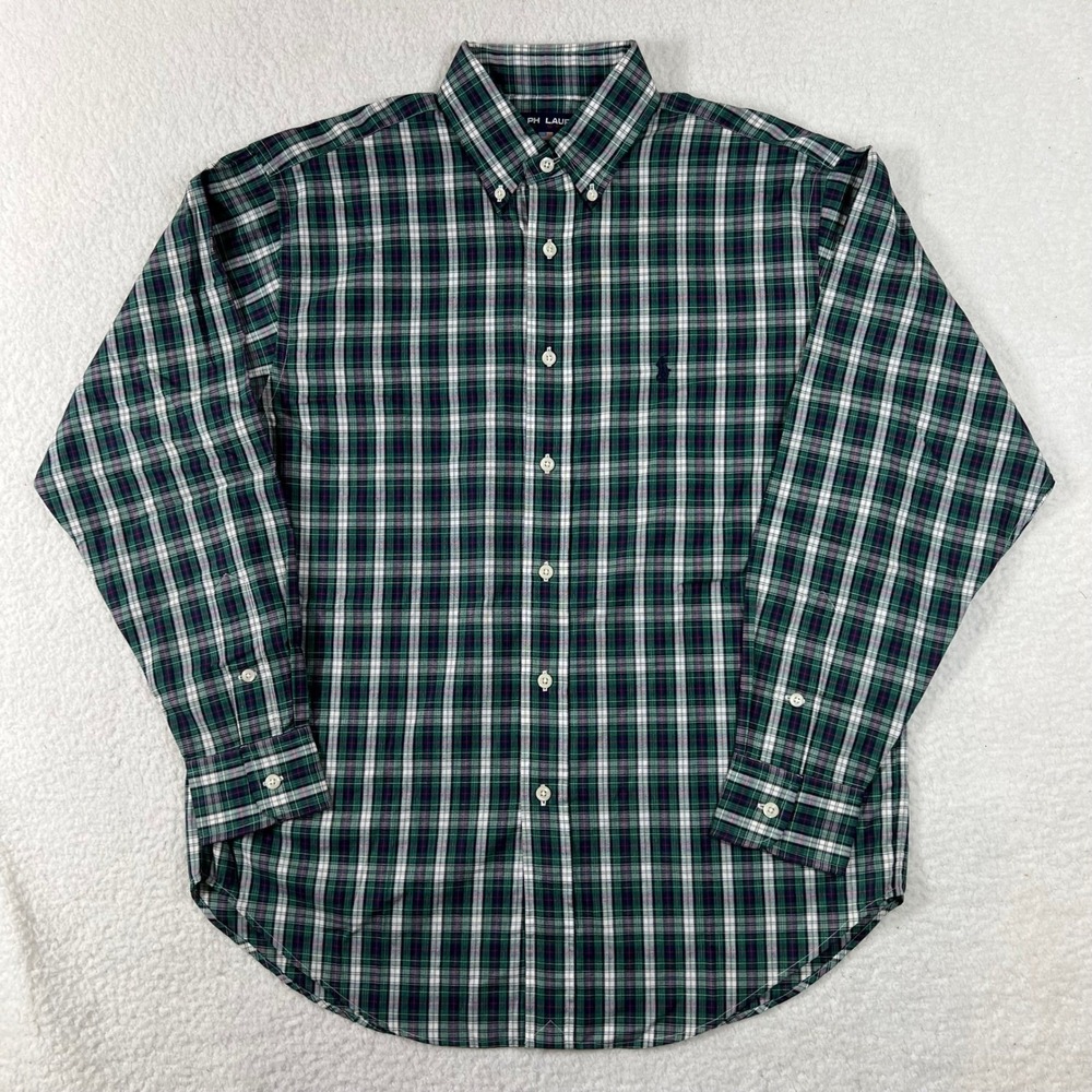 Ralph Lauren Polo Sport Plaid Button Down Shirt Green White Blue Men Size 10 VTG